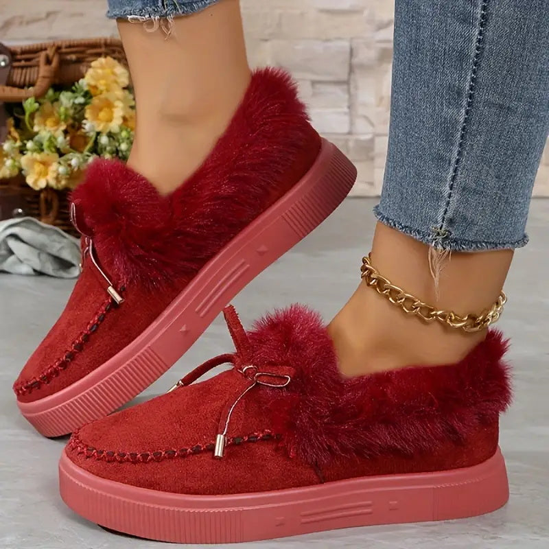 Bow Top Plush Faux Fur Loafers Slip-On Moccasin Soft Flat Outdoor House Shoes