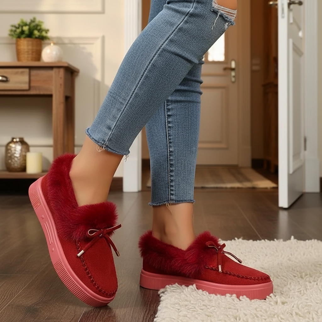 Bow Top Plush Faux Fur Loafers Slip-On Moccasin Soft Flat Outdoor House Shoes