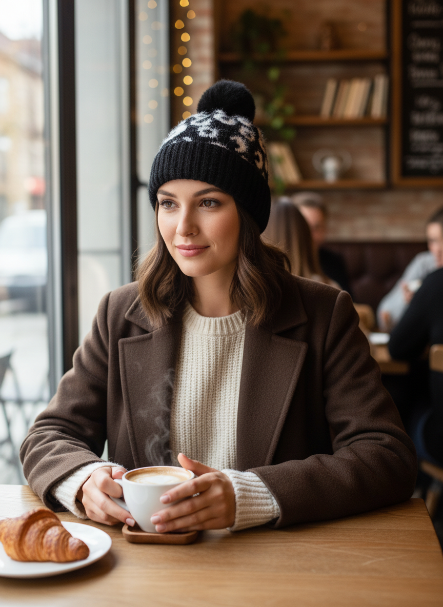 Fuzzy Eyelash Knit Leopard Faux Rabbit Fur Pom-Pom Beanie Winter Skullcap Pull-on Hat Adult
