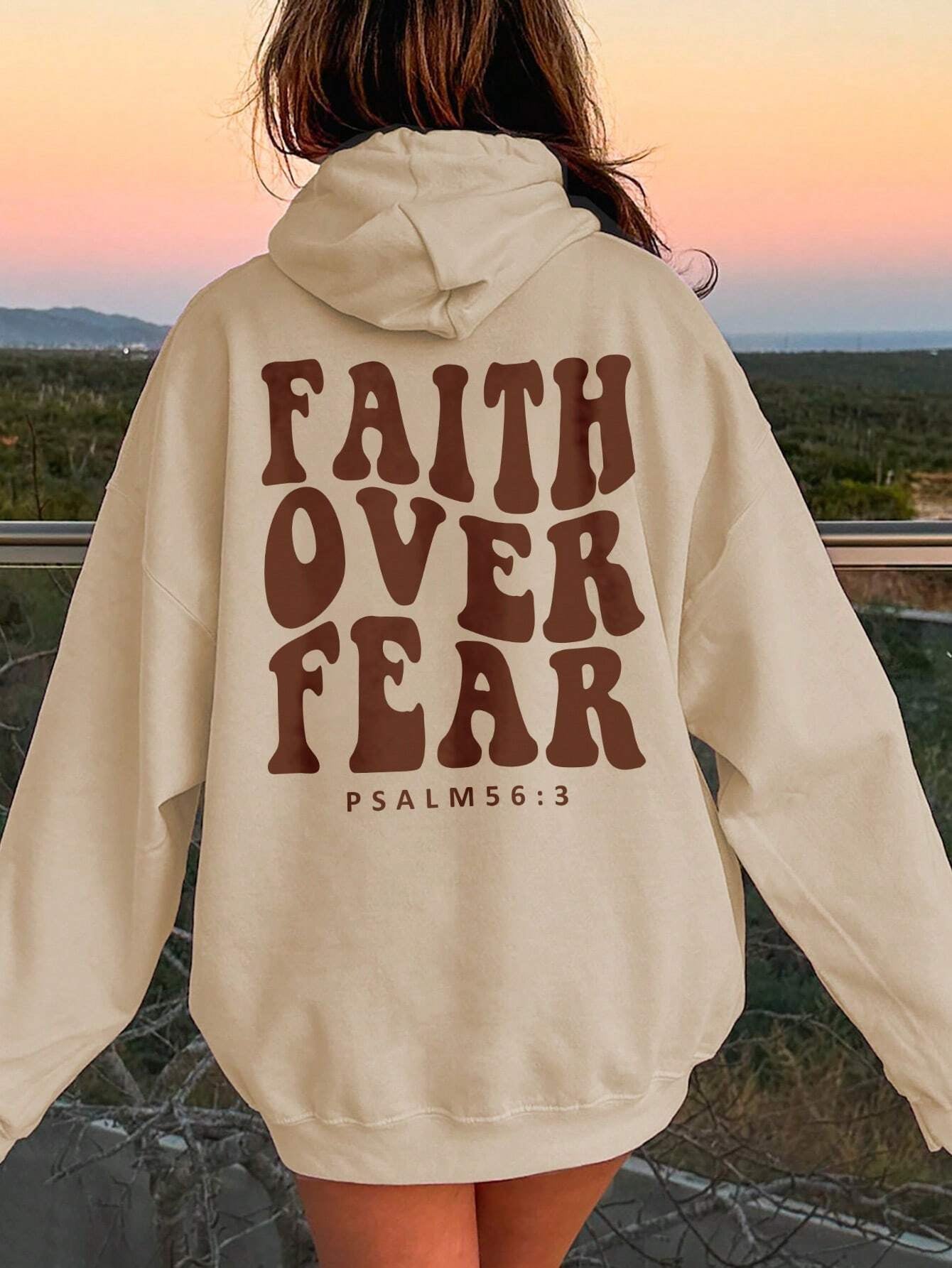 FAITH Over FEAR Hoodie Long Sleeve Religious Psalm Verse Pullover Sweatshirt Top