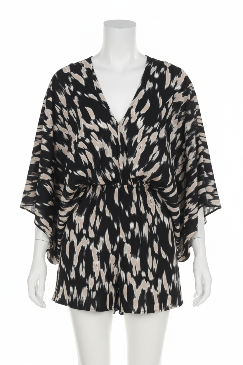 Kimono Sleeve Elastic Waist Open Tie Back One-Piece Short Romper
