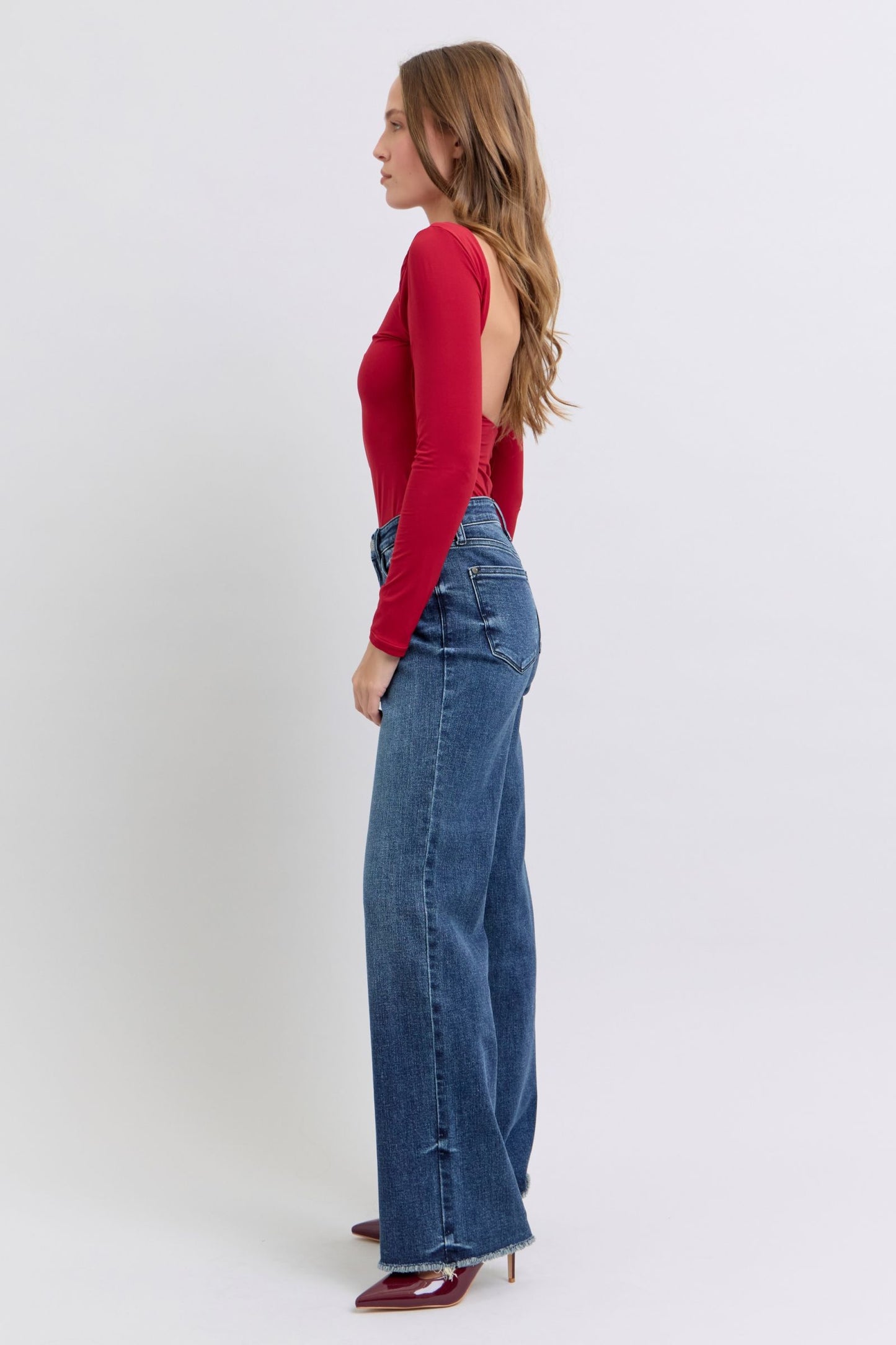 Judy Blue Mid-Rise Straight Leg Boyfriend Relaxed Jeans Raw Hem Denim Pants