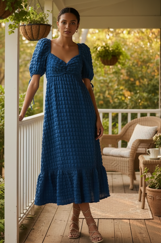 3D Popcorn Bubble Textured Sweetheart Neck Short Sleeve Smocked Back Tiered Midi Dress