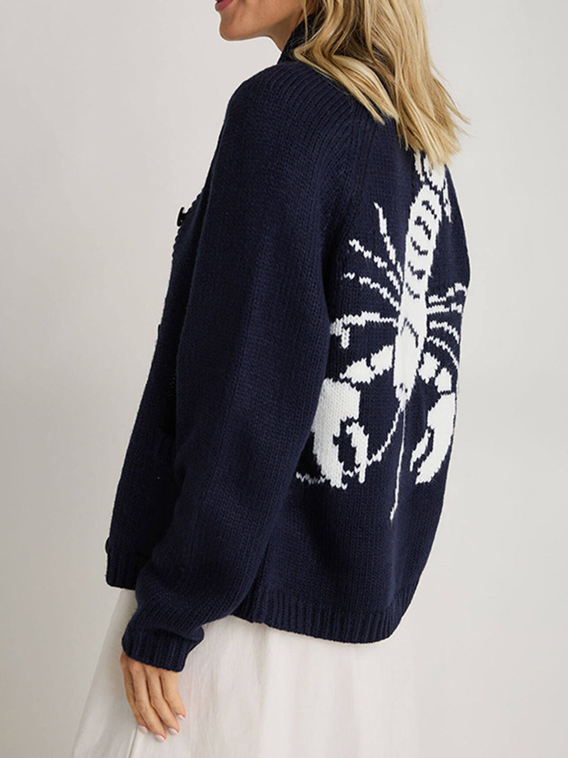 Contrasting Lobster Coastal Print Knit Cardigan Button Long Sleeve Patch Pocket