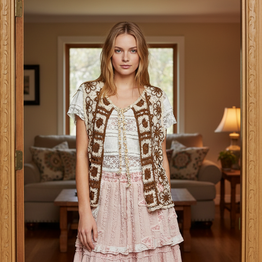 POL Floral Granny Square Crochet Sleeveless Tie Front Knit Vest Scalloped Hem Choco Brown