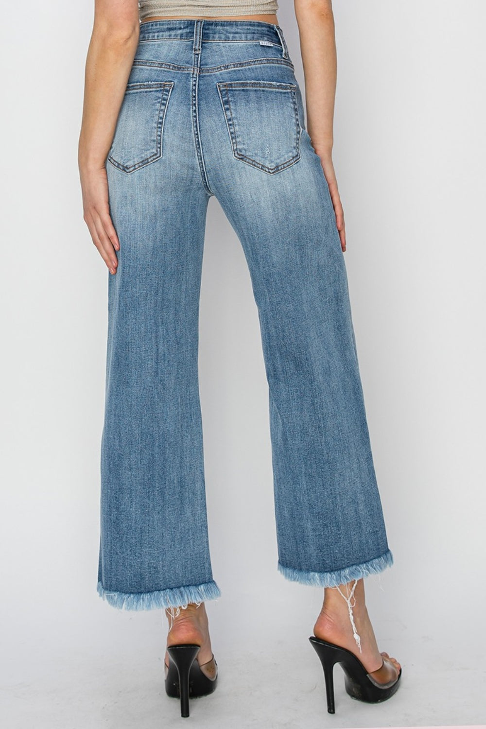 RISEN High-Rise Wide Leg Pants Distressed Cut-off Cropped Boyfriend Jeans Denim