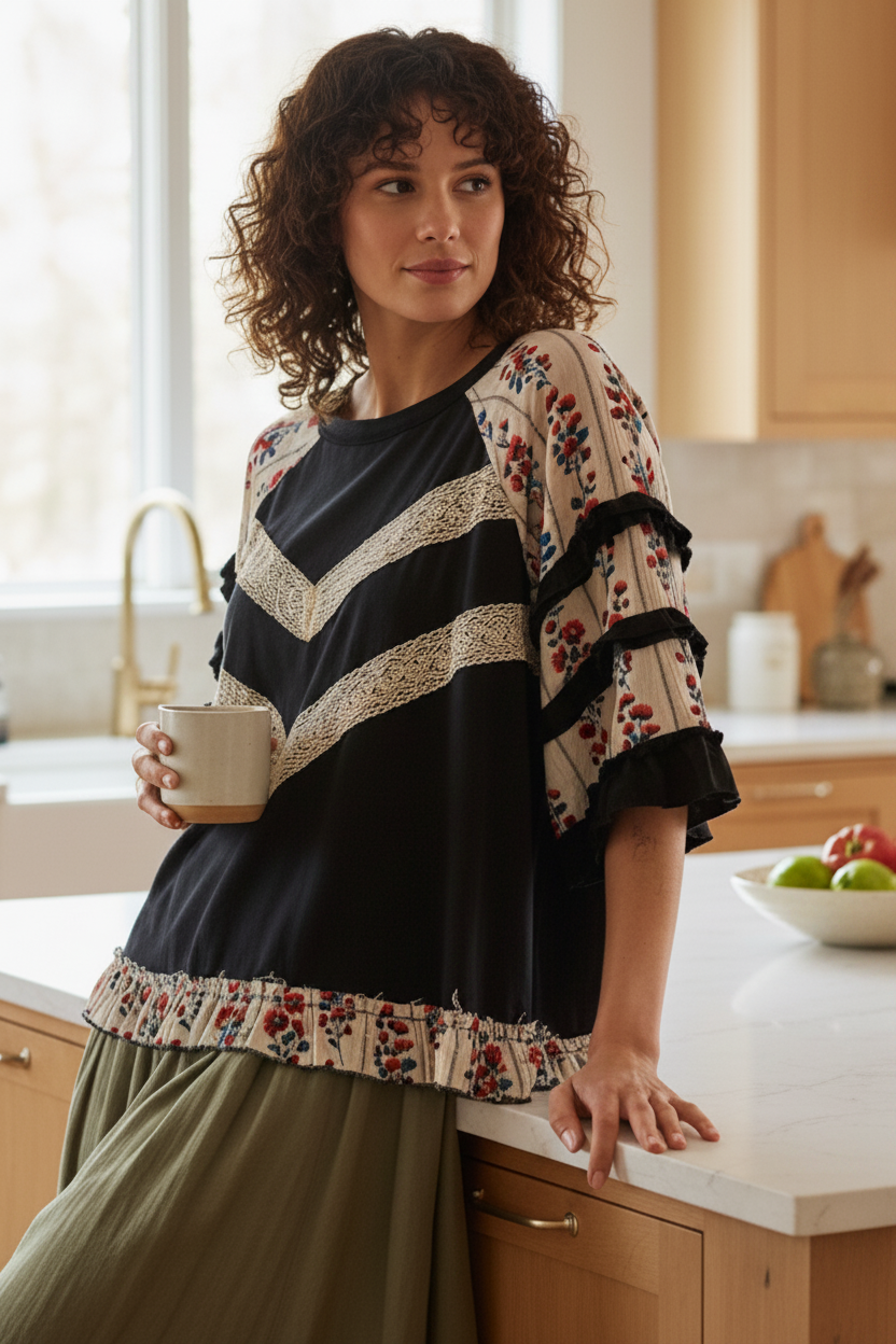 POL Lace Patchwork Granny Floral Cotton Blend Half Sleeve Ruffle Hem Oversized Top