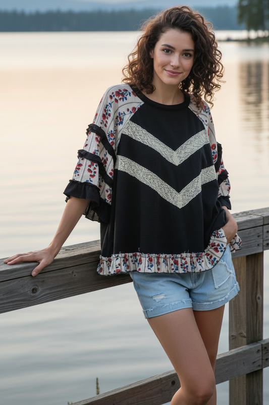POL Lace Patchwork Granny Floral Cotton Blend Half Sleeve Ruffle Hem Oversized Top