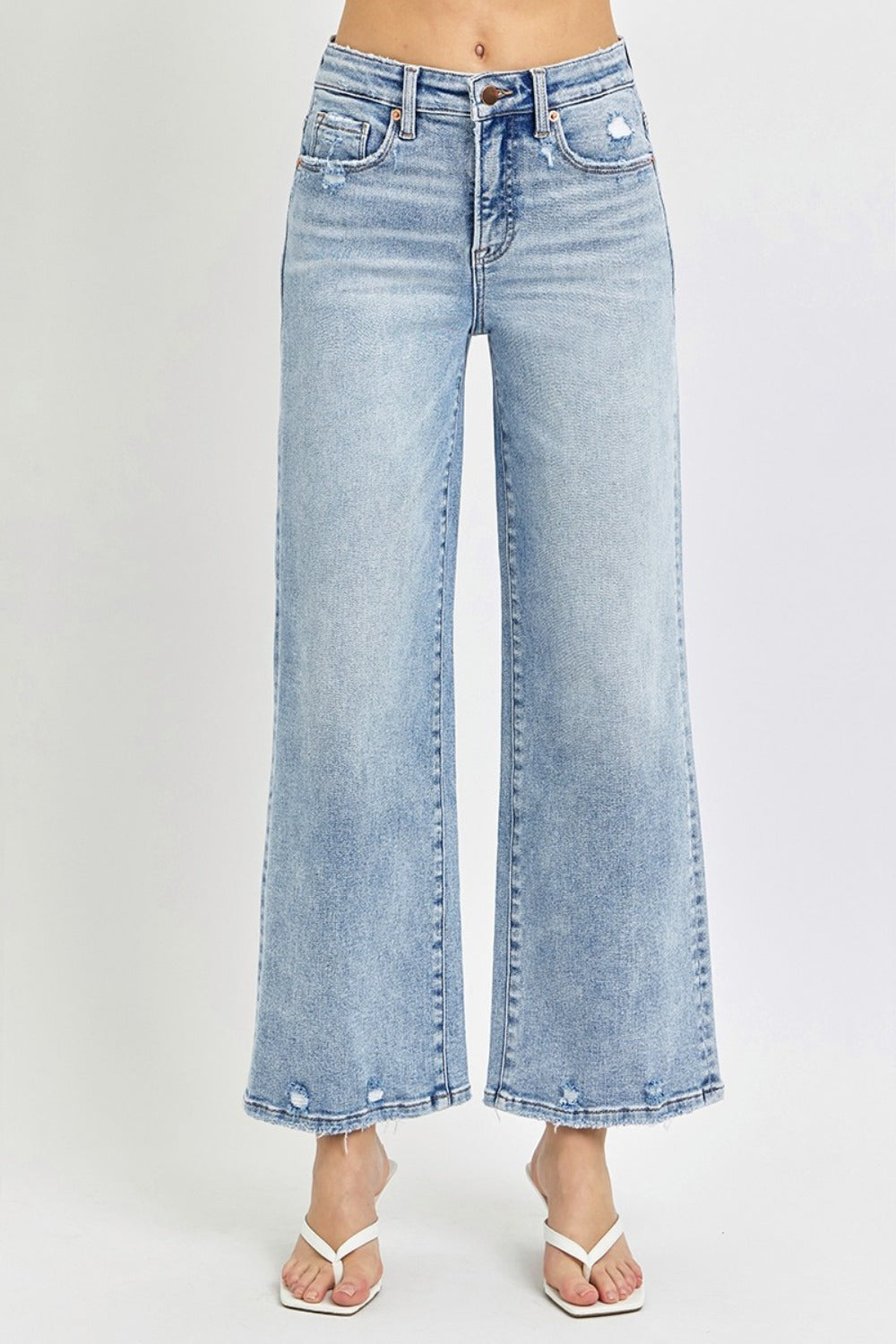 RISEN High-Rise Wide Leg Tummy Control Pants Distressed Cropped Boyfriend Denim Jeans