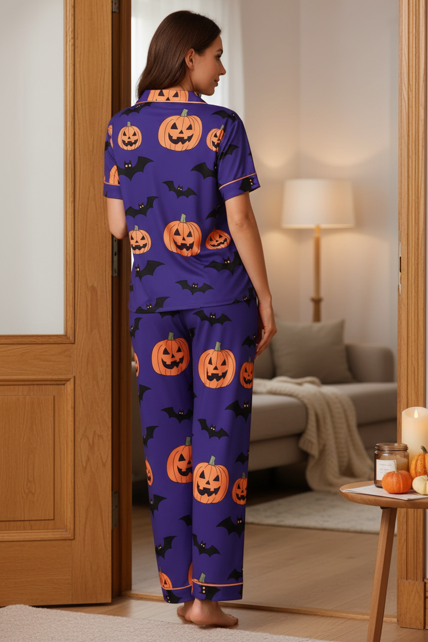 Spooky Pumpkin Bat Button-Down Short Sleeve Halloween Pajama Pants Loungewear Set