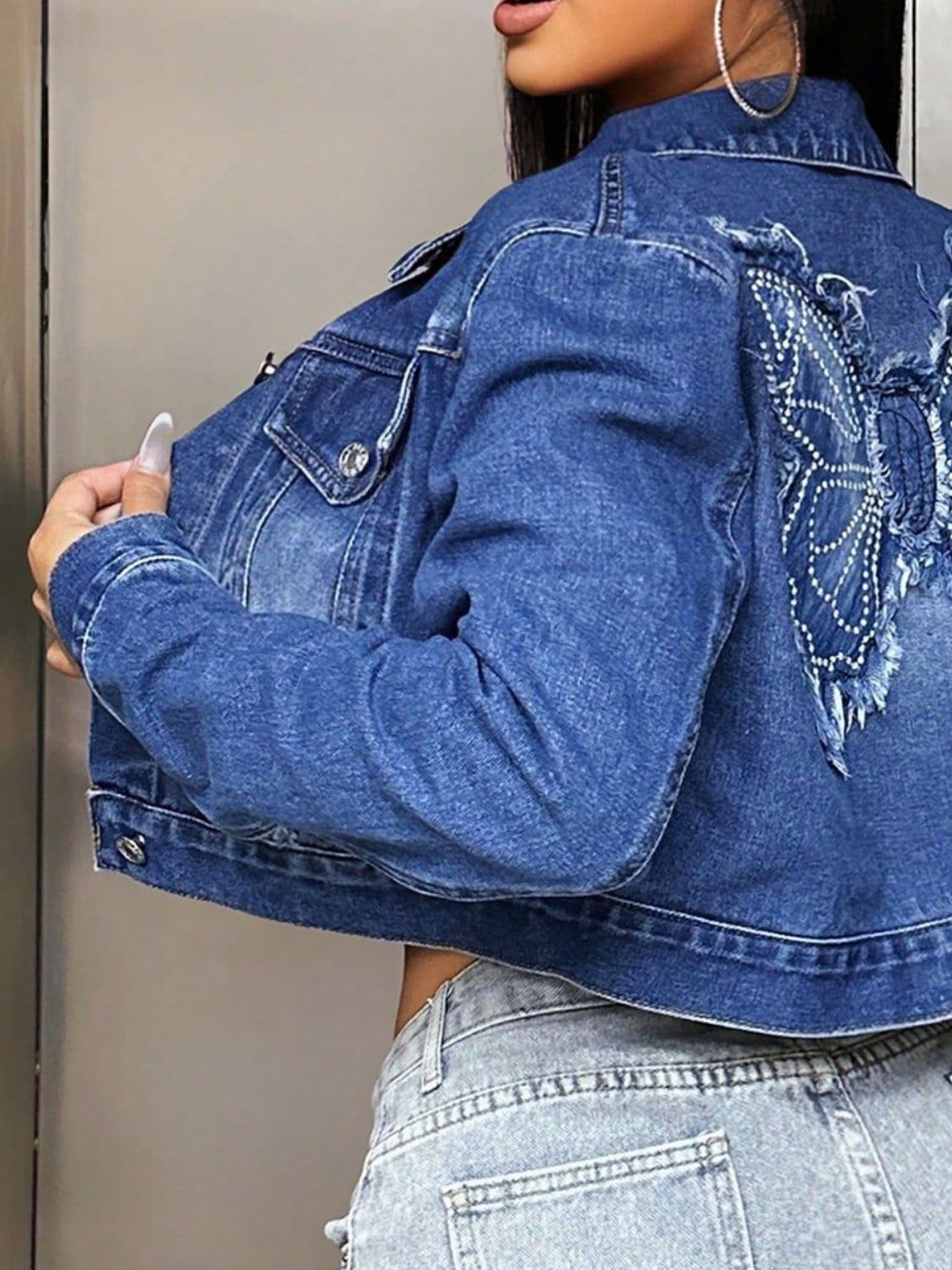 Butterfly Cropped Distressed Frayed Denim Collar Button-Up Pocket Jean Jacket