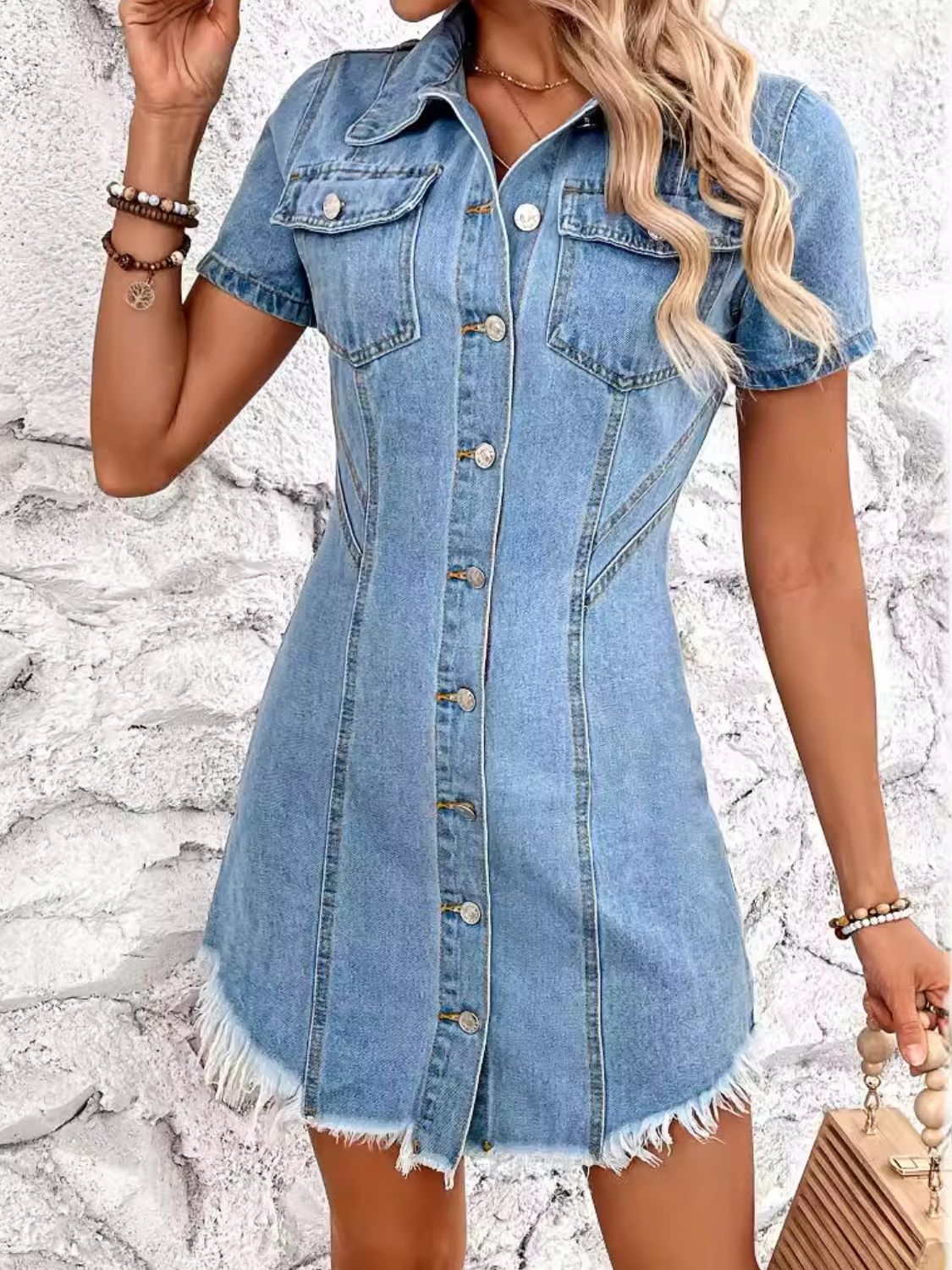 Denim Short Sleeve Button Front Minimalist Blue Jean Distressed Mini Shirt Dress