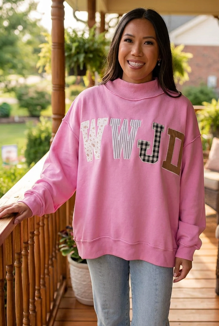 WWJD Embroidered Patchwork Mock Neck Jesus Sweatshirt Cotton Blend Oversized Pullover