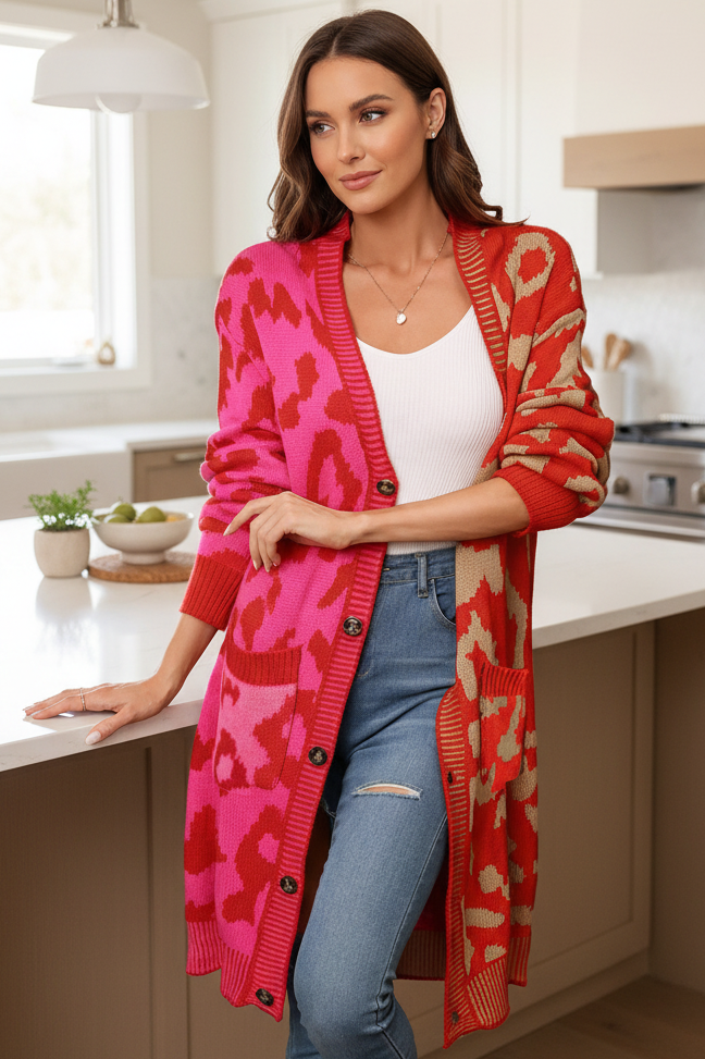 Colorblock Leopard Print Longline Button Front Long Sleeve Oversized Cardigan
