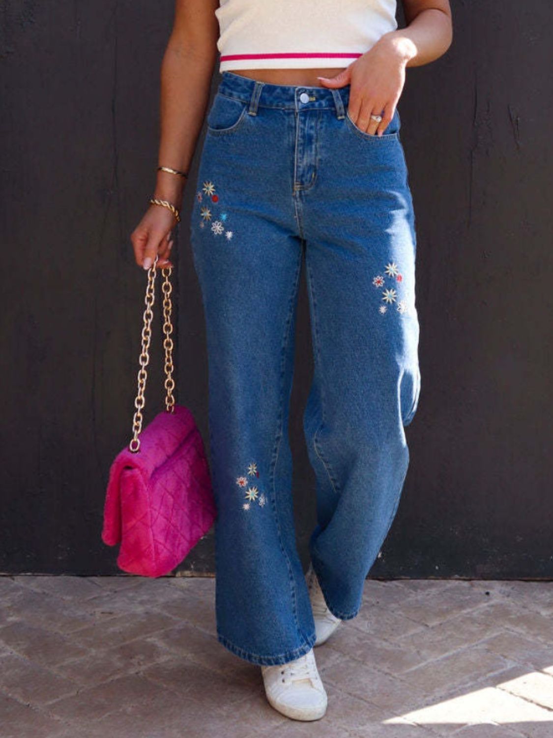 Embroidered Flower Straight Leg Retro High-Rise Waist Hippie Cotton Denim Jean Pants