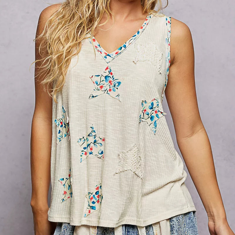 POL Boho Floral Star Patchwork Retro Ribbed Tank Top V-Neck Sleeveless Shirt Natural Beige