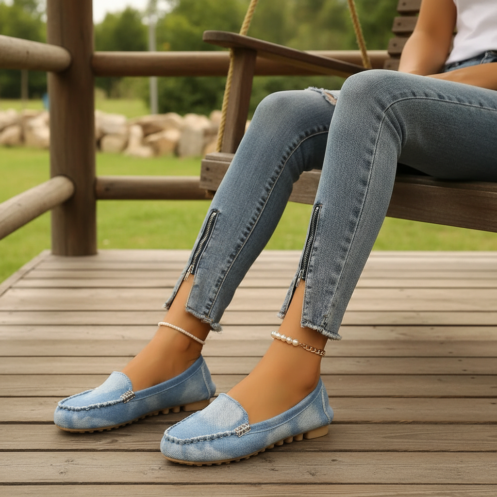 Denim Flat Slip-On Loafers Raw Seam Retro Acid Wash Round Toe Boat Shoes