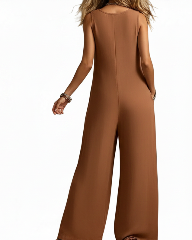 Baggy Button Up Patch Pocket Scoop Neck One-Piece Split Wide Leg Pant Jumpsuit