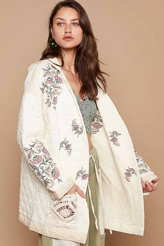 POL Hooded Floral Embroidered Quilted Patchwork Oversized Bohemian Jacket