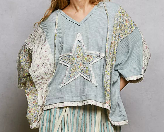 POL Star Oversized Floral Lace Patchwork Hoodie Blouse Raw Seam Retro Boxy Top Blue