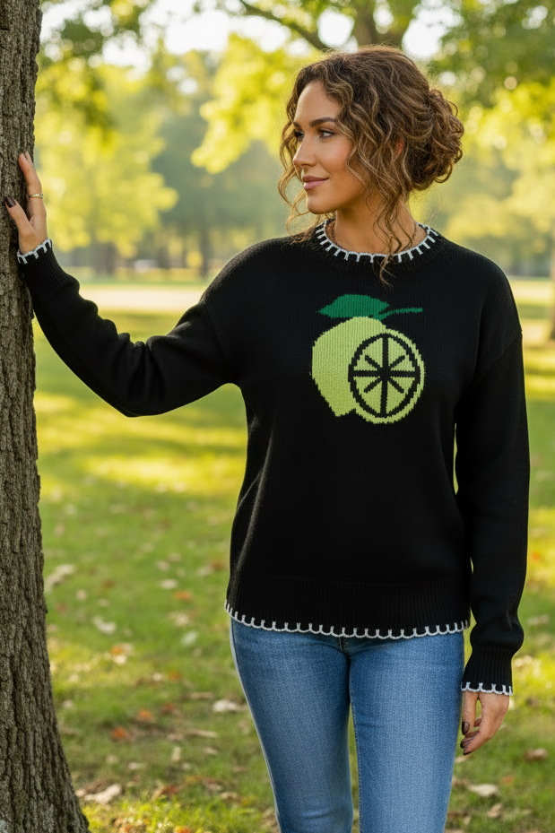 Lemon Intarsia Knit Blanket-Stitch Crew Neck Top Long Sleeve Pullover Sweater