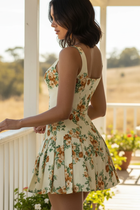 Retro Floral Princess Seam Box-Pleated Sleeves Square Neck Ultra Mini Skater Dress