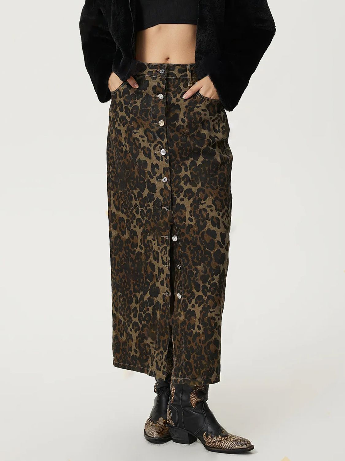 Leopard Denim Button-Up Straight Full-Length Long Pencil Jean Maxi Skirt Pockets