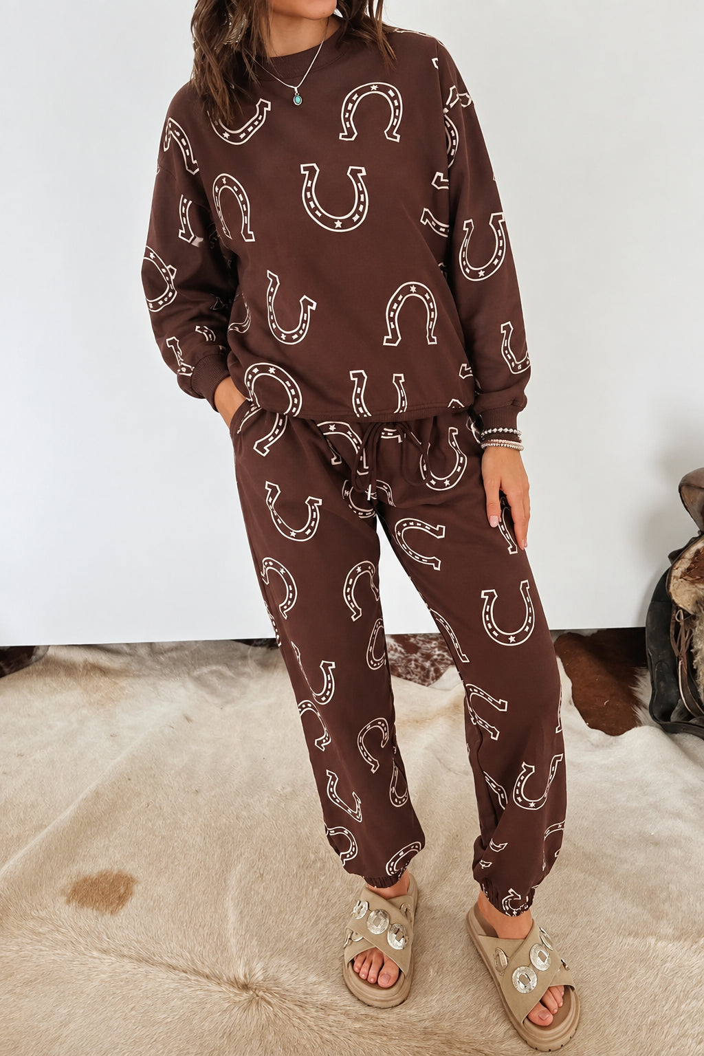 Horseshoe 2 Piece Sweatshirt Jogger Pants Set Western Equestrian Matching Outfit