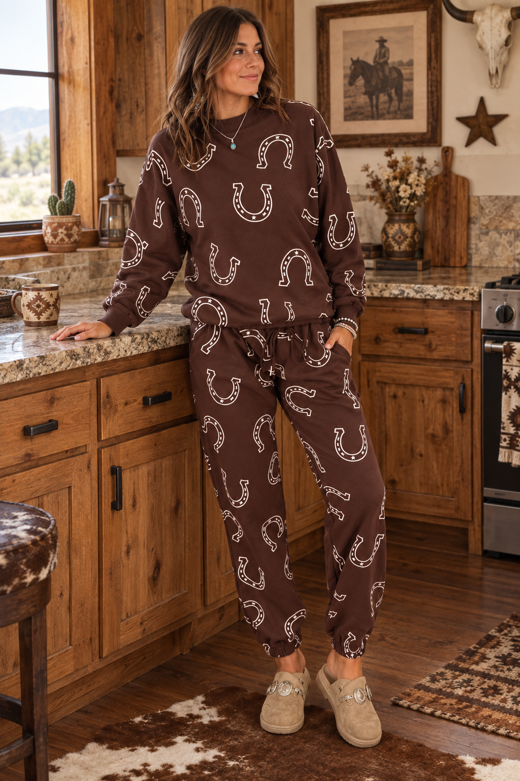Horseshoe 2 Piece Sweatshirt Jogger Pants Set Western Equestrian Matching Outfit