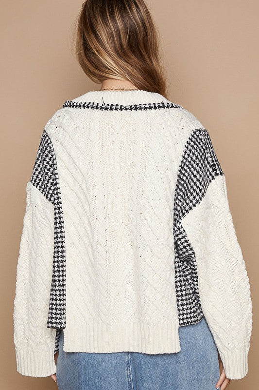 POL Cable Knit Jacket Patchwork Retro Button-up Houndstooth Oversized Cardigan