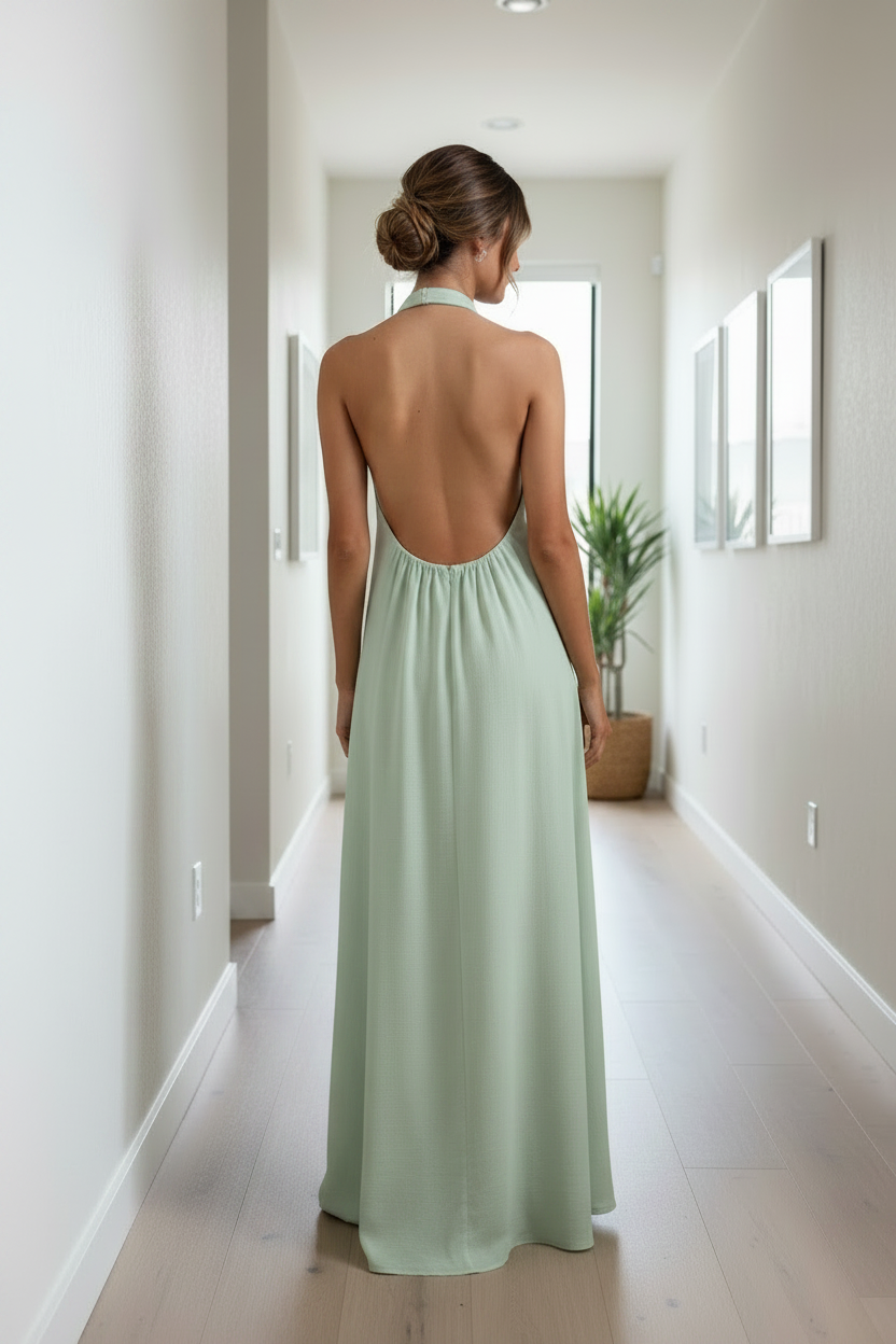 Pleated High Neck Halter Backless Relaxed Fit Drape Sleeveless Maxi Dress