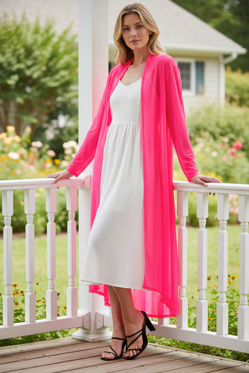 Zenana Sheer Mesh Open Front Long Sleeve Lightweight Jacket Longline Cardigan Pink