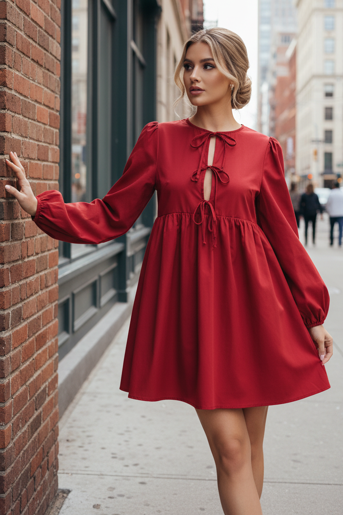 Bow Front Cutout Babydoll Long Sleeve Tie Front Cotton Blend Ultra Mini Dress