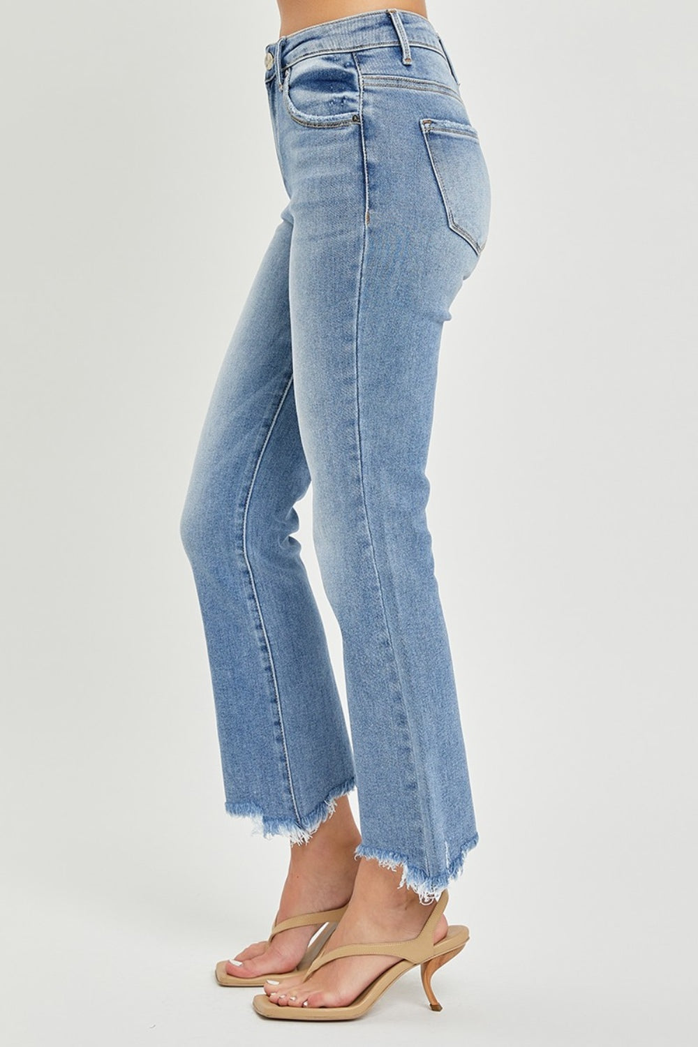 RISEN High-Rise Straight Leg Cropped Frayed Raw Hem Jeans Denim Pants