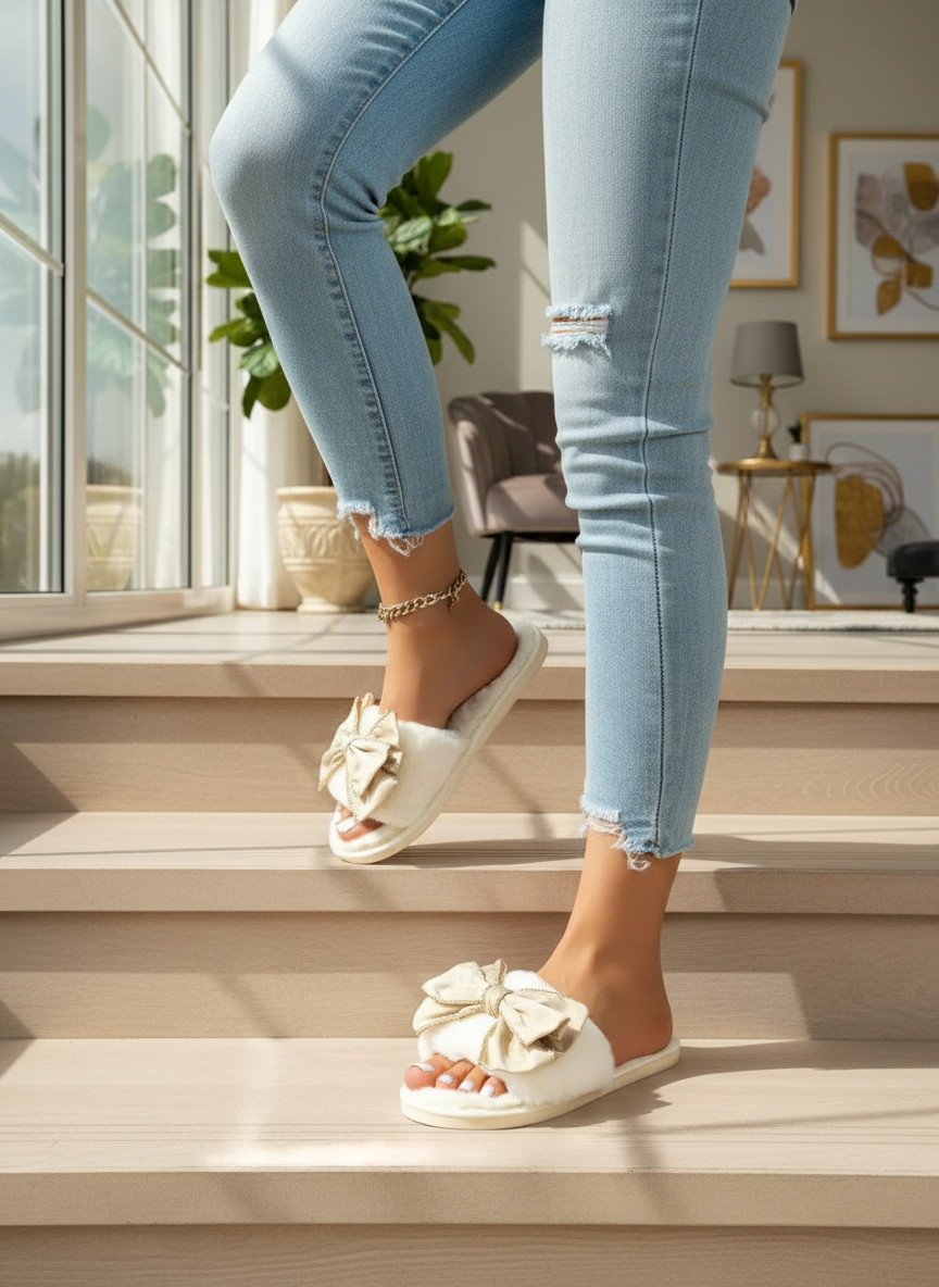 Oversized Bow Plush Faux Fur Slippers Open Toe Flat Fuzzy Slip-on House Shoes Ivory