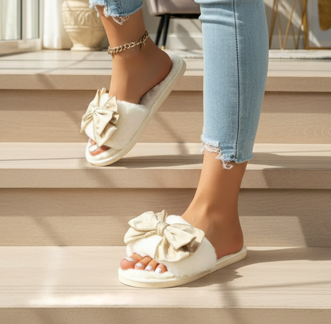 Oversized Bow Plush Faux Fur Slippers Open Toe Flat Fuzzy Slip-on House Shoes Ivory