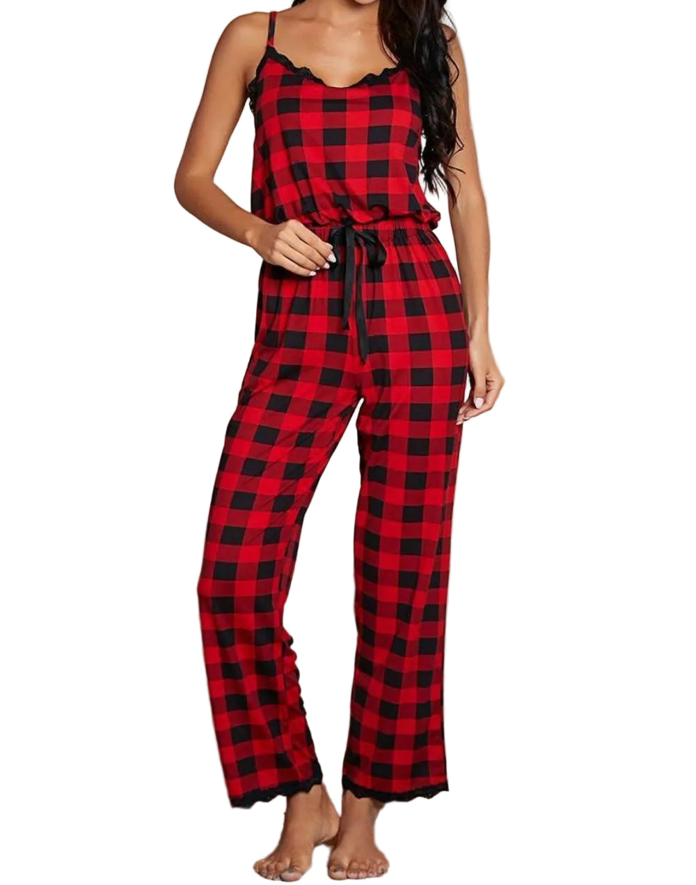 Buffalo Plaid One-Piece Lace Trim Elastic Drawstring Pant Jumpsuit Loungewear Sleepwear Outfit