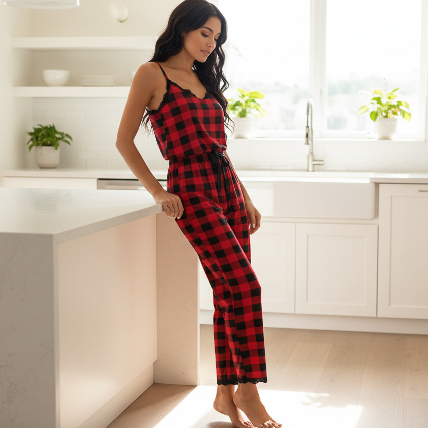 Buffalo Plaid One-Piece Lace Trim Elastic Drawstring Pant Jumpsuit Loungewear Sleepwear Outfit
