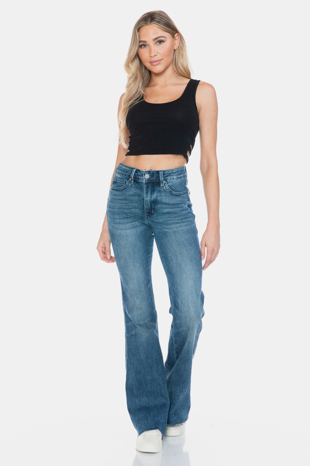 Judy Blue Tummy Control Mid-Rise Jeans Slim Fit Tapered Flare Cut-off Denim Pants