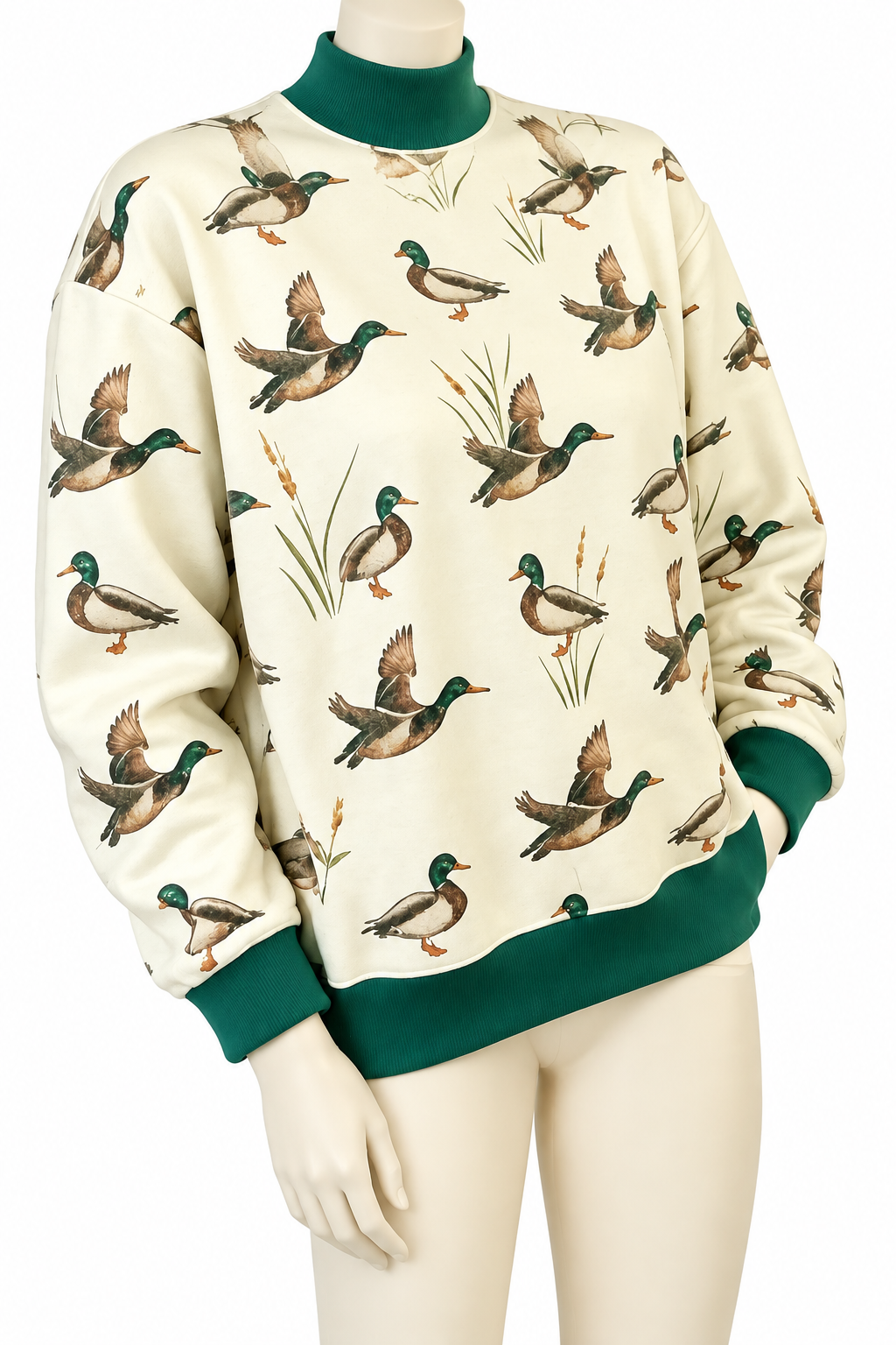 Mallard Duck Southern Contrasting Mock Neck Long Sleeve County Western Pullover Sweatshirt