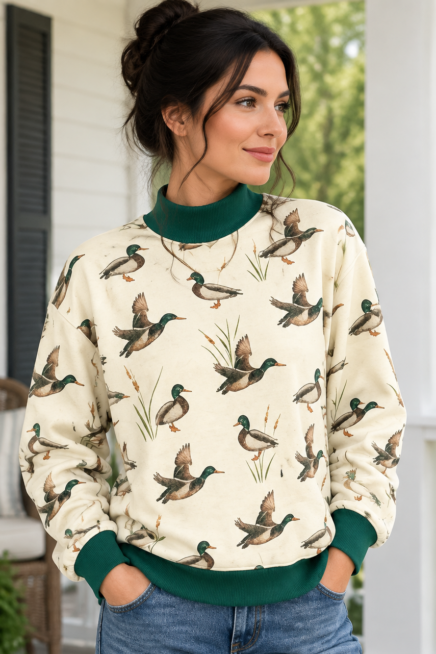 Mallard Duck Southern Contrasting Mock Neck Long Sleeve County Western Pullover Sweatshirt