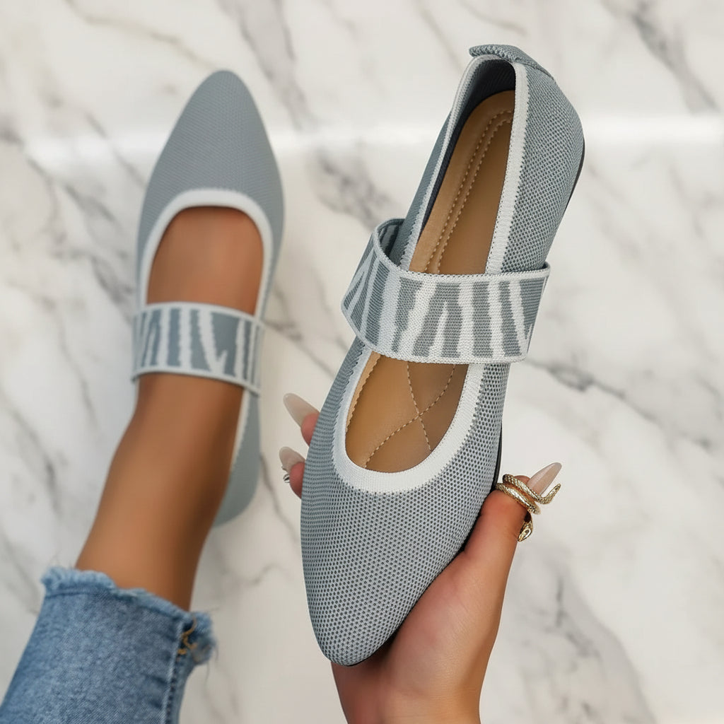 Contrasting Knit Pointed Toe Mary Jane Wide Strap Ballet Flats Slip-On Geometric Shoes