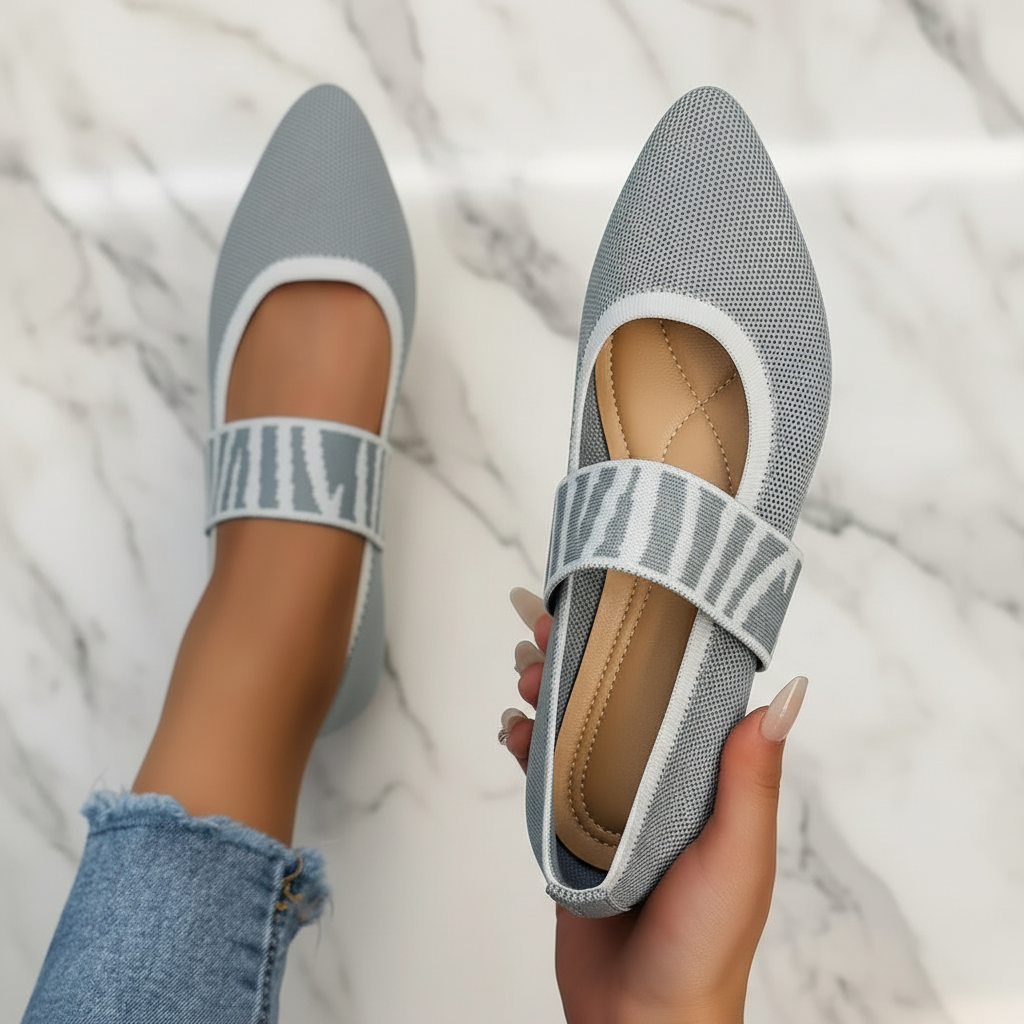 Contrasting Knit Pointed Toe Mary Jane Wide Strap Ballet Flats Slip-On Geometric Shoes