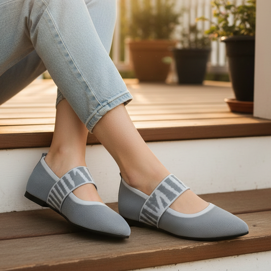 Contrasting Knit Pointed Toe Mary Jane Wide Strap Ballet Flats Slip-On Geometric Shoes