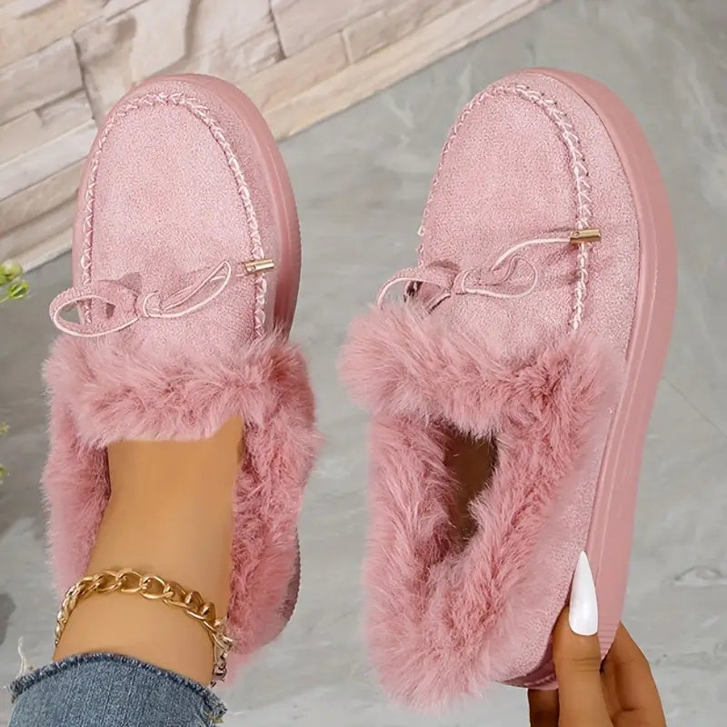 Bow Top Plush Faux Fur Loafers Slip-On Moccasin Soft Flat Outdoor House Shoes