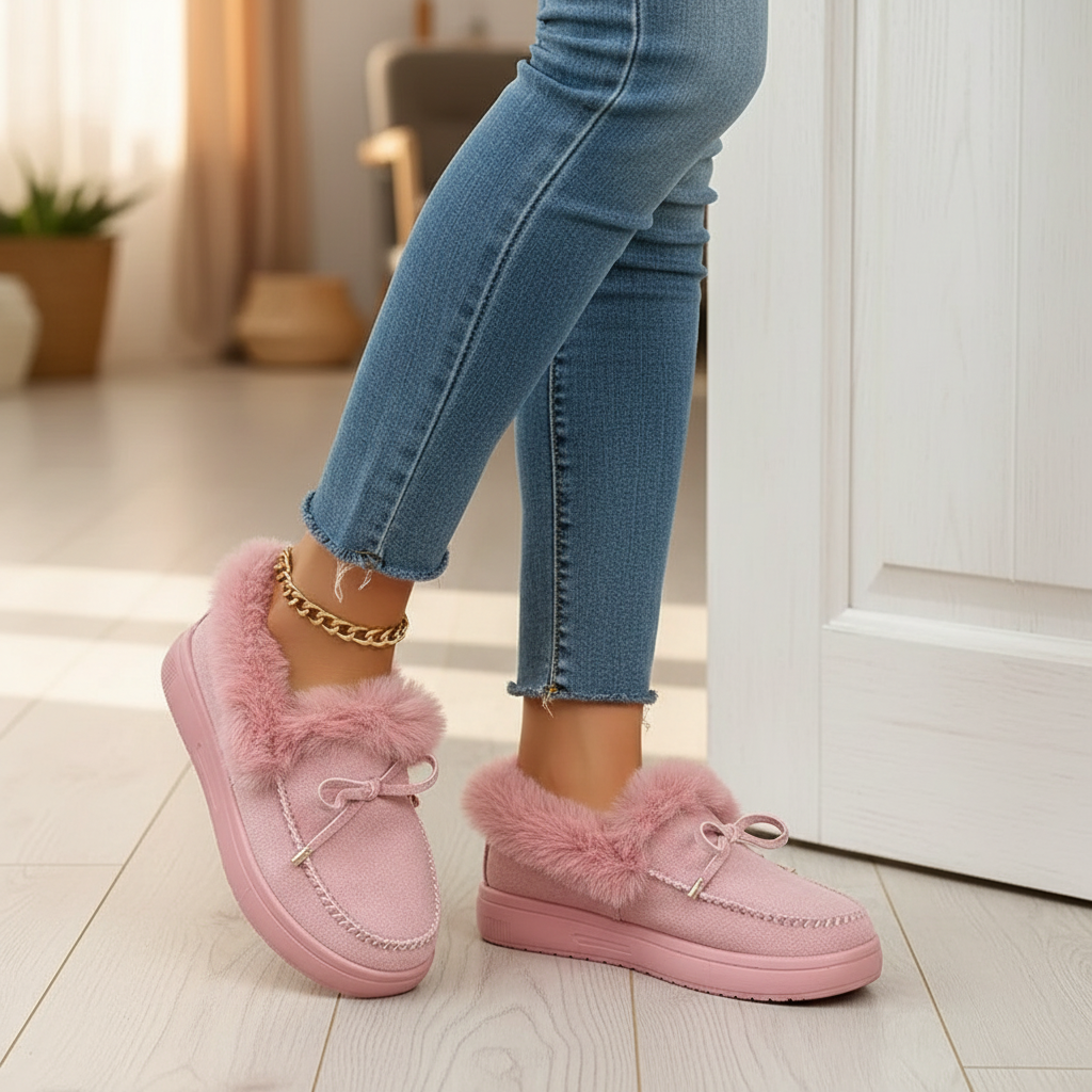 Bow Top Plush Faux Fur Loafers Slip-On Moccasin Soft Flat Outdoor House Shoes