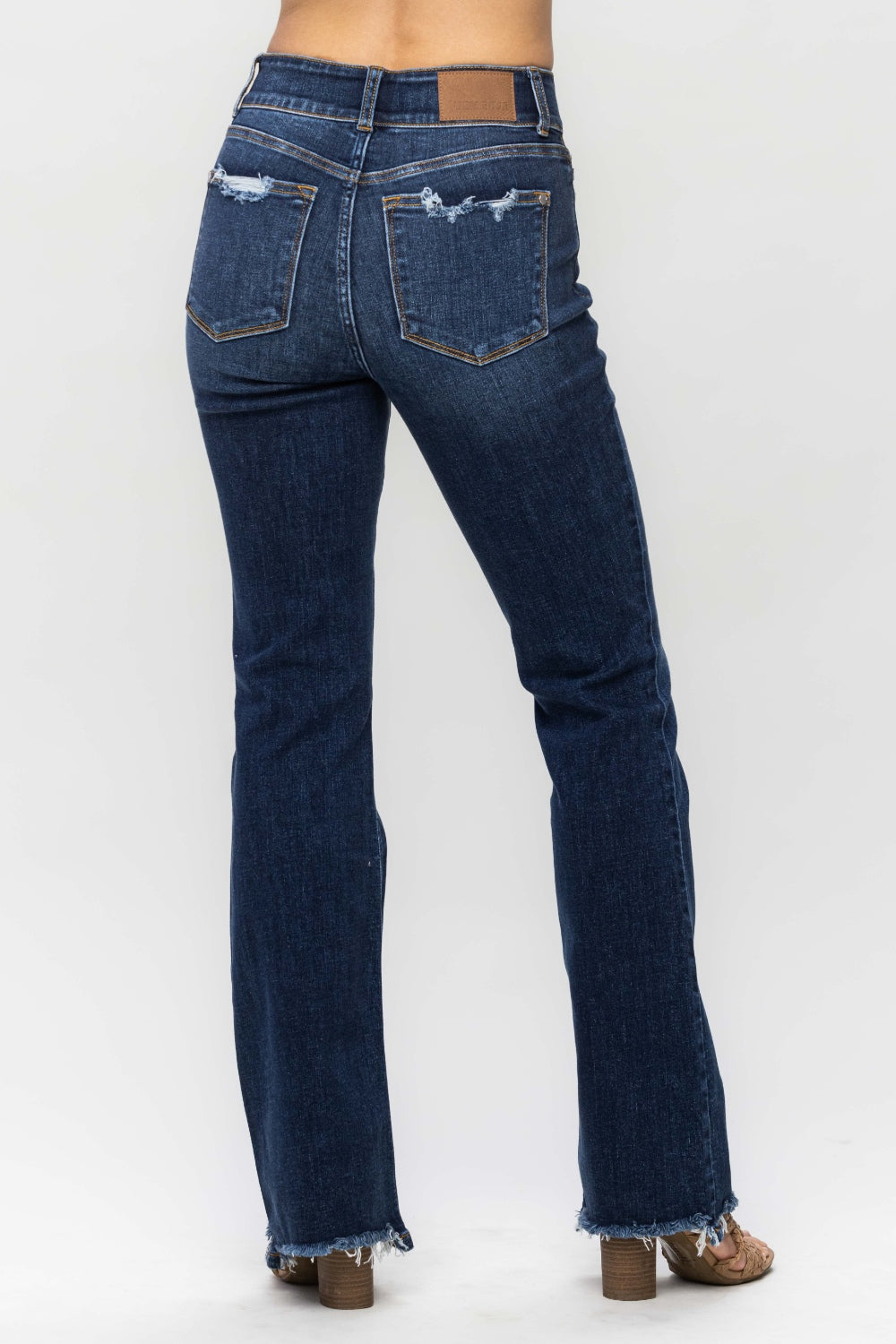 Judy Blue High-Rise Jeans Double Button Bootcut Distressed Torn Hem Denim Pants