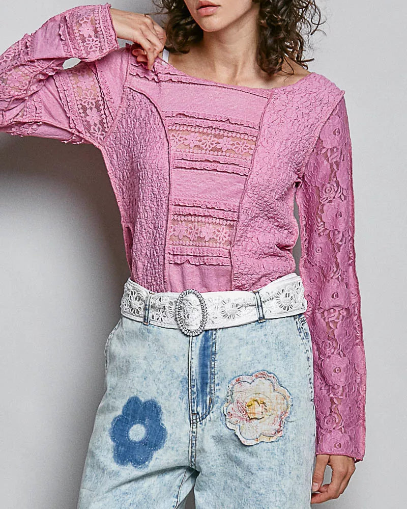POL Lace Patchwork Top Round Neck Exposed Seam Shirt Long Sleeve Blouse Rose Pink