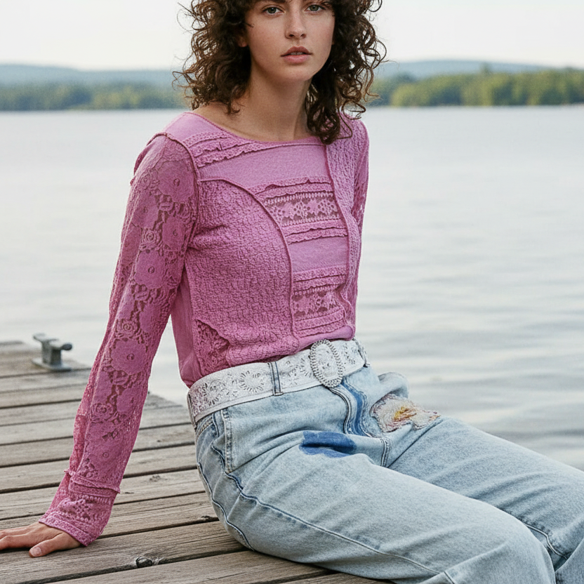 POL Lace Patchwork Top Round Neck Exposed Seam Shirt Long Sleeve Blouse Rose Pink