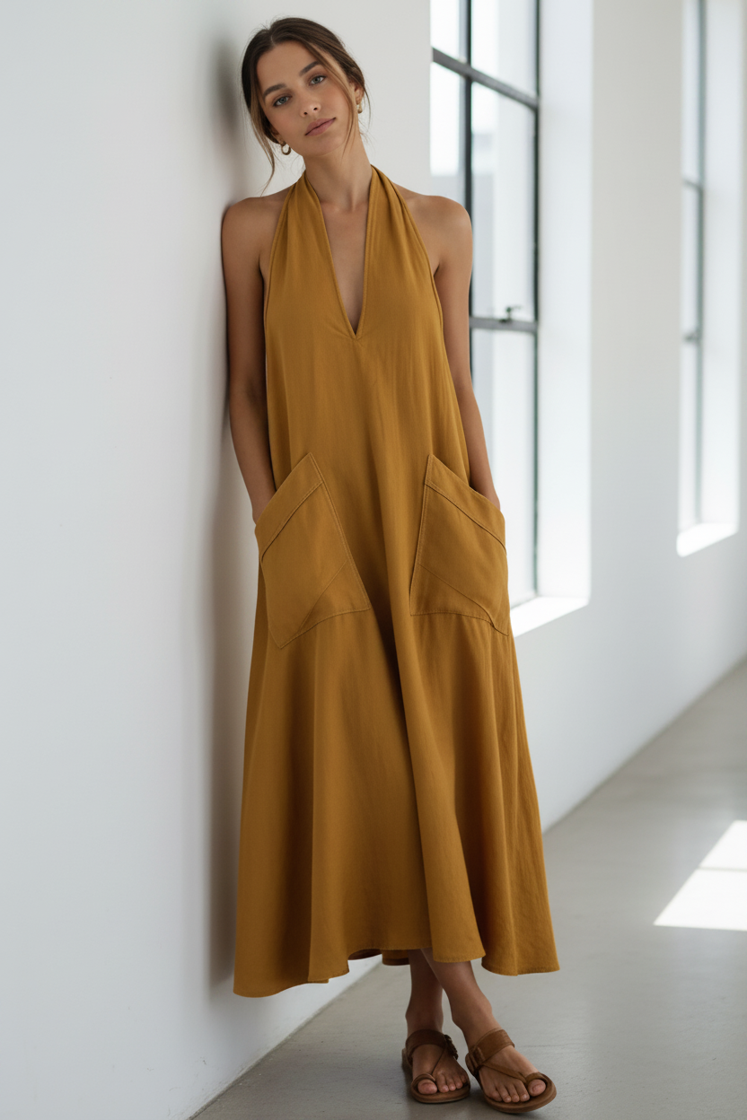 Oversized Baggy Patch Pocket Halter Neck Plunging V-Neck Backless Boho Midi Dress